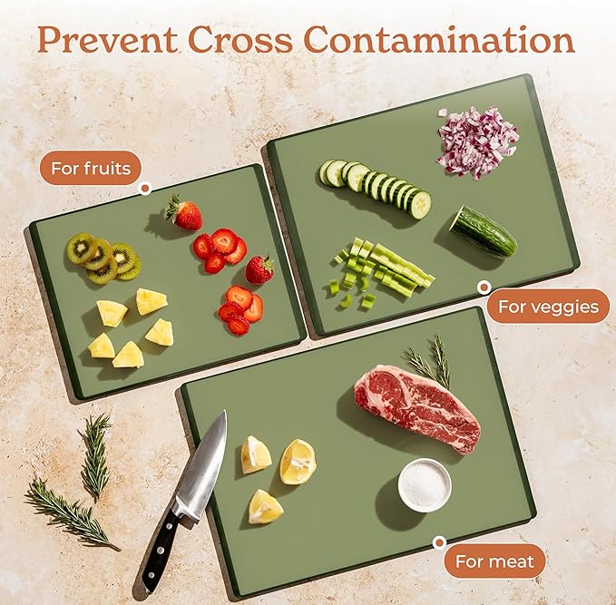 SMIRLY Plastic Cutting Board Set with Holder 4 Pieces, Non-Slip Dishwasher Safe Chopping Boards for Kitchen, Green-Ruum Studio Home