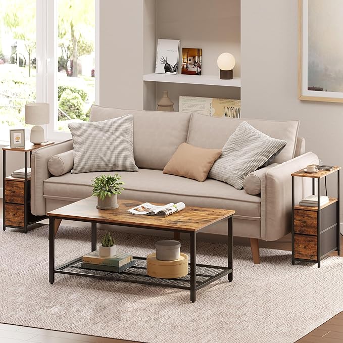 TUTOTAK Small Narrow End Table with Charging Station, Side Table with Outlets, Nightstand with 2 Cloth Drawers, Couch Table, for Living Room, Bedroom, Bedside, Brown TB01BB085-Ruum Studio Home