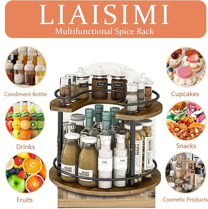 2 Tier Lazy Susan Organizer,2-Tier Spinning Spice Rack with Stable Carousel Base & 4 Height Settings for Cupboard Kitchen Countertop Dining Table Cupboard (Round)-Ruum Studio Home