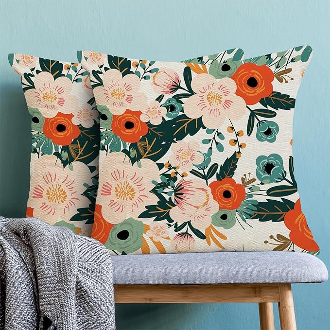 CXMEIFLY Spring Pillow Covers 20 x 20 Inch Set of 2 for Watercolor Flowers Decor Throw Pillows Pink Red Green Plant Floral Outdoor Decorative Cushion Cases for Couch Bed Decorations-Ruum Studio Home