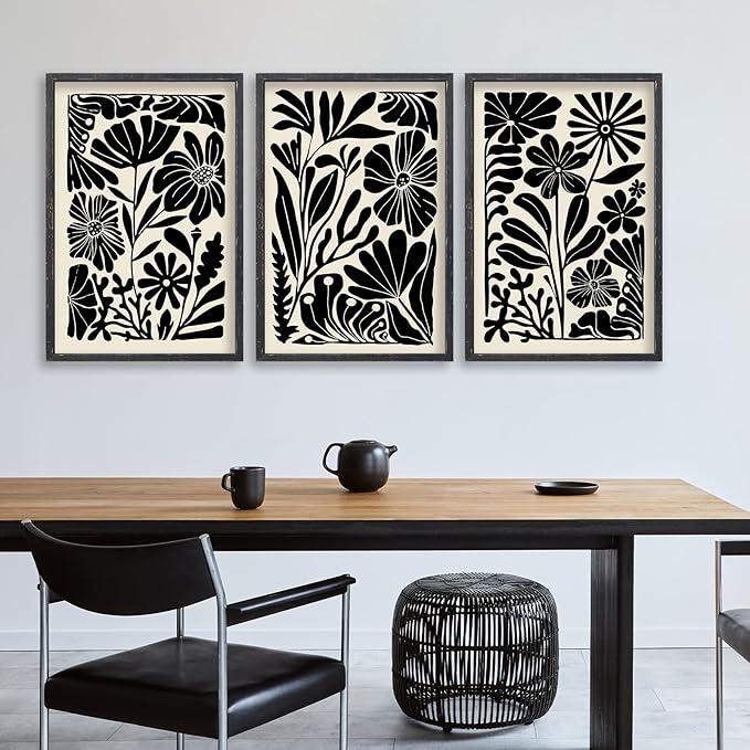 Abstract Floral Botanical Wall Art 16x11 Inch 3 Piece Black Vintage Boho Plant Flower Minimalist Wood Frame Sign Home Living Room Family Office Mid Century Print Wall Hanging Decor (Black)-Ruum Studio Home
