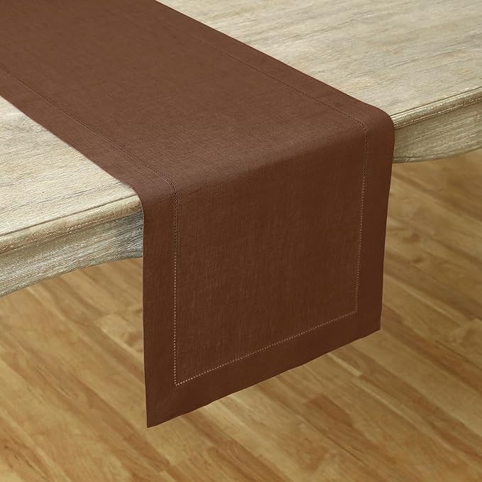 Solino Home Linen Brown Table Runner 60 Inches - Classic Hemstitch, 100% Pure Linen Coffee Table Runner 14 x 60 Inch Ideal for Dresser Tables, Fall, Autumn, Thanksgiving-Ruum Studio Home