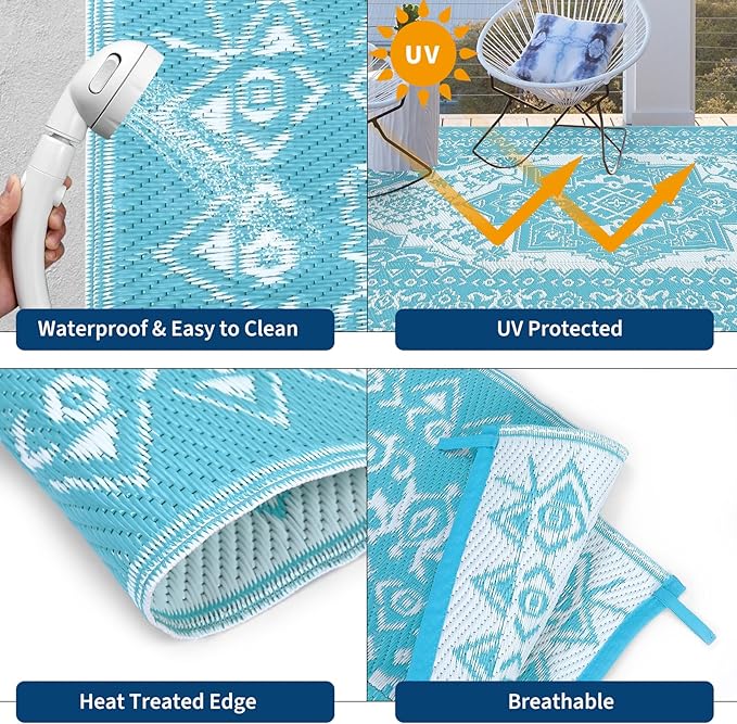 GAOMON Outdoor Rug Waterproof 9x12 Patio Rugs Reversible Plastic Straw Rug, Large UV-Resistant Portable RV Camping Mats, Indoor Outdoor Medallion Carpet for Deck Porch Garden, Light Blue & White-Ruum Studio Home