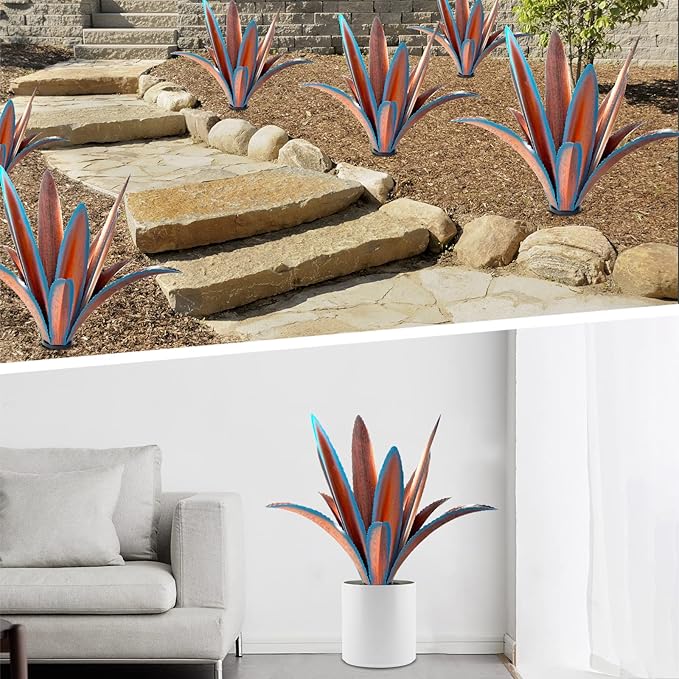 TOMBABY Enlarge Thickened Wind Resistant Metal Agave Garden Art Metal Plant Country Sculpture Statue Outdoor Decoration Agave Metal Plant Courtyard Garden Lawn Ornament Gift (1, 12 Leaves Blue)-Ruum Studio Home