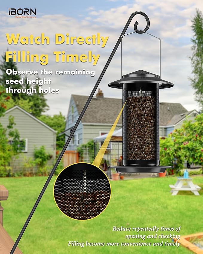 iBorn Bird Feeders for Outdoors, All Metal Mesh Tube, Holding Bird Seed for Outside Feeders,18cm Large Roof, Black, 2.8lb(Seed is not Included)-Ruum Studio Home