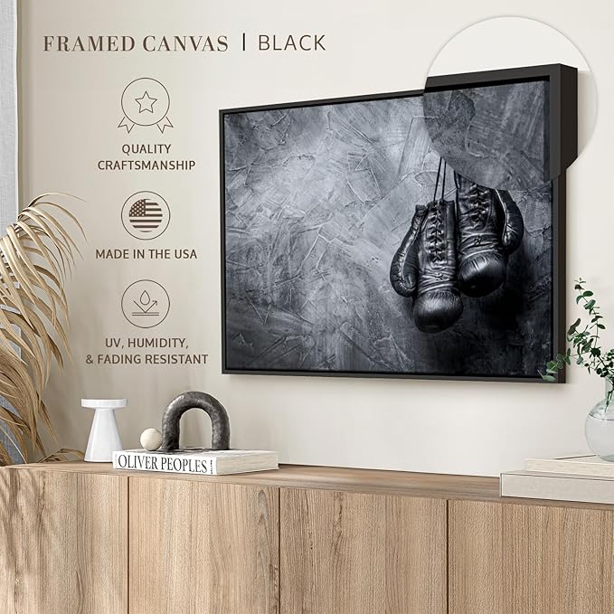 ElephantStock Boxing Gloves Wall Art - Horizontal Framed Canvas - 1-Piece Living Room Wall Decor - Photography Sports Canvas Print - Black and Gray Decor for Wall - 31" X 21"-Ruum Studio Home