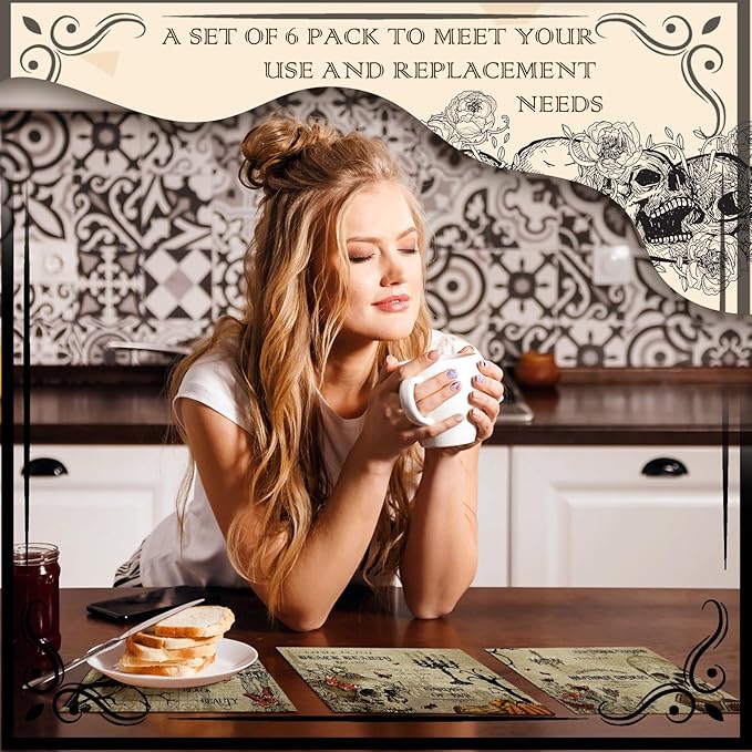 Umigy 6 Pcs Halloween Placemats 12"x18" Gothic Bat Placemats Kitchen Decoration Washable Witch Place Mats Rectangle Skull Table Mats for Halloween Dining Table Accessories(Poster Style)-Ruum Studio Home
