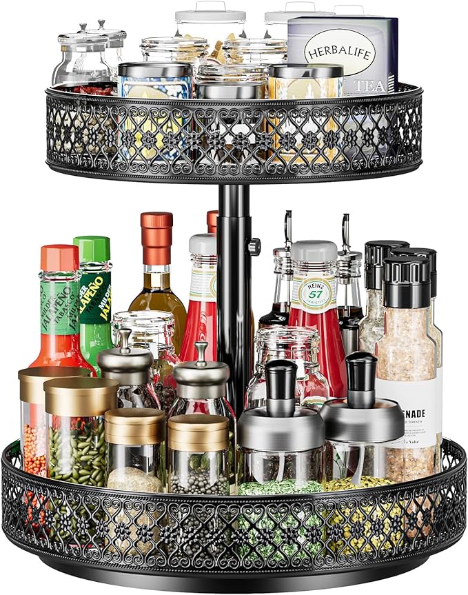 Lazy Susan Organizer 2 Tier - Turntable Spice Rack 12 inch Adjustable Metal Rotating Lazy Susan for Cabinet Pantry Kitchen Countertop Dining Table Cupboard Bathroom Vanity Storage Black-Ruum Studio Home