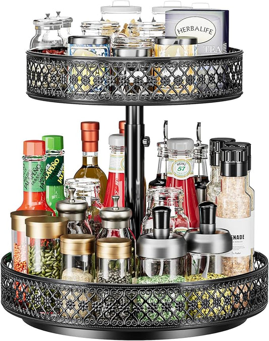 Lazy Susan Organizer 2 Tier - Turntable Spice Rack 12 inch Adjustable Metal Rotating Lazy Susan for Cabinet Pantry Kitchen Countertop Dining Table Cupboard Bathroom Vanity Storage Black-Ruum Studio Home