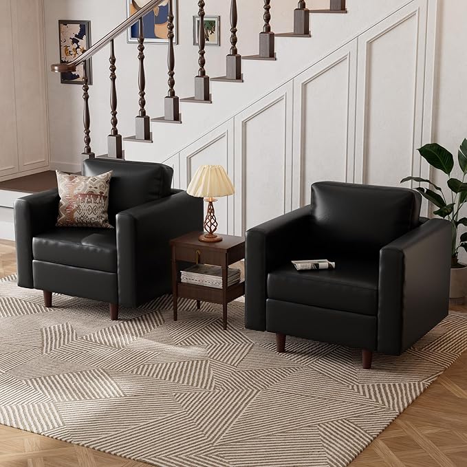 Faux Leather Oversized Accent Chair with Storage Deep Seat Single Sofa Large Reading Armchair for Living Room Bedroom Office Black-Ruum Studio Home