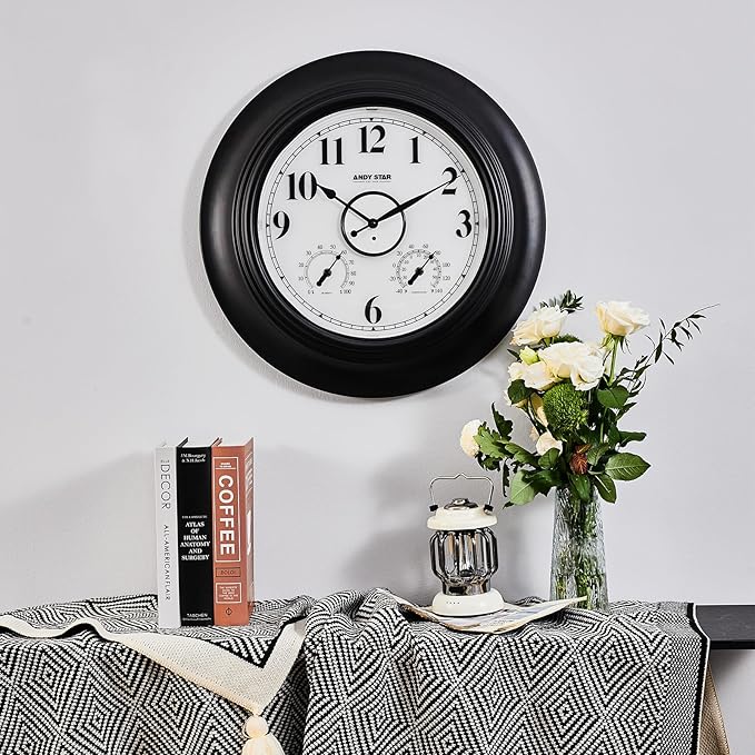 Andy Star 21 Inch Large Illuminated Outdoor Wall Clock Waterproof with Thermometer and Hygrometer, Oversized Battery Wall Clock for Patio Pool, Oil Rubbed Bronze Silent Non Ticking Clock for Garden-Ruum Studio Home