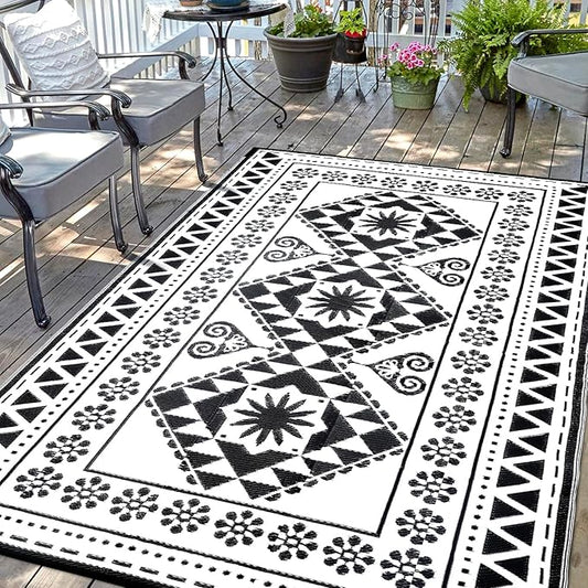 Waterproof Outdoor Rug 8x10ft, Reversible Plastic Straw Mat Rugs for Patio RV Deck Porch Backyard Balcony Camping Picnic Beach Indoor Outdoor Carpet, Black&White-Ruum Studio Home