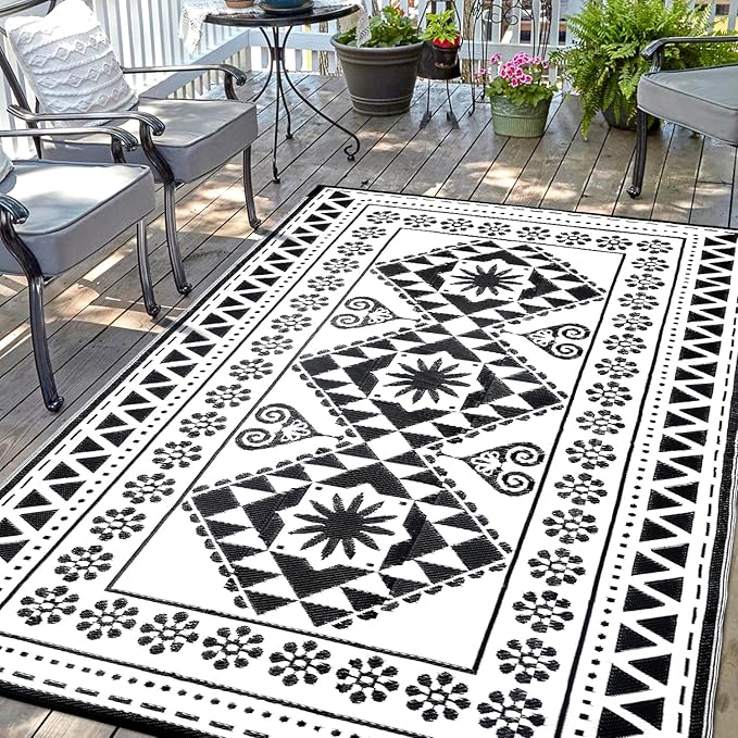 Waterproof Outdoor Rug 6x9ft, Reversible Plastic Straw Mat Rugs for Patio RV Deck Porch Backyard Balcony Camping Picnic Beach Indoor Outdoor Carpet, Black&White-Ruum Studio Home