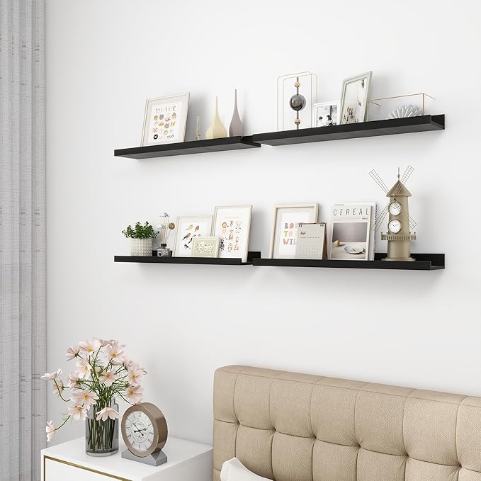 Picture Ledge Shelf, Wood Floating Shelves Set of 4, 24 inch Picture Ledge Shelves, Photo Ledge Nursery Book Shelves Wall Mounted for Living Room Kids' Room Bedroom, Color Black-Ruum Studio Home