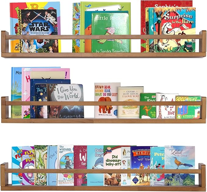 AZSKY Light Walnut Nursery Book Shelves 36 in Floating Wall Mounted Bookshelf Kids Room Hanging Shelves Toddlers Toys Books Storage Organizer a Set of 3-Ruum Studio Home