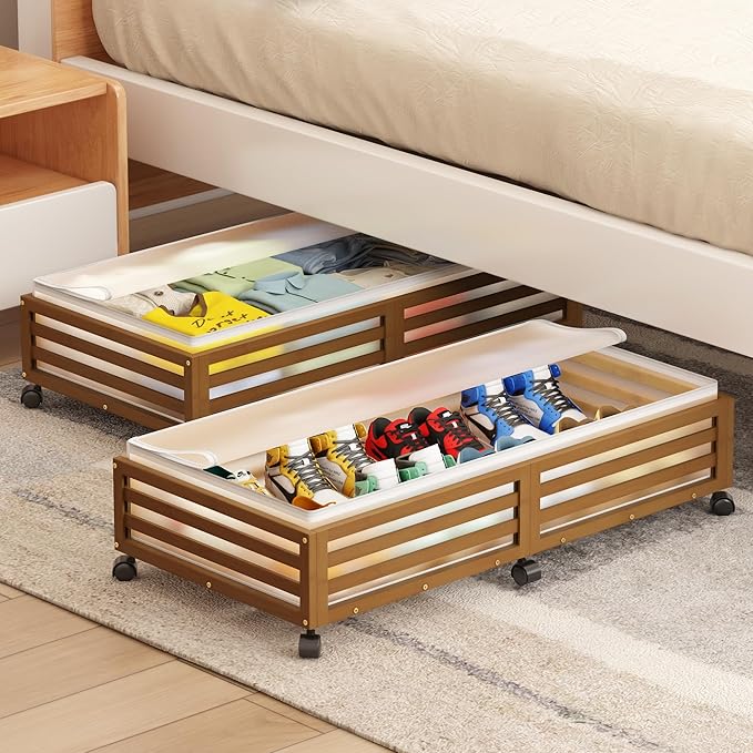 Under Bed Storage Containers With Wheels - 2 Pcs Large Bamboo Wood Rolling Underbed Shoe Storage Bins With Dust Bags for Clothes Blankets, Duvet Covers Snacks Toys (Walnut)-Ruum Studio Home