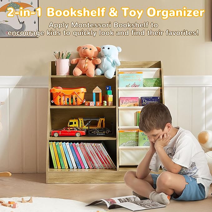 Kids Bookshelf, 4-Tier Kids Wooden Bookshelf with Toy Storage Montessori Toy Shelf, 32”L x 16”D x 32”H Nursery Bookshelves Childrens Bookcase Baby Toddler Book Shelf for Kids Rooms Clearance-Ruum Studio Home