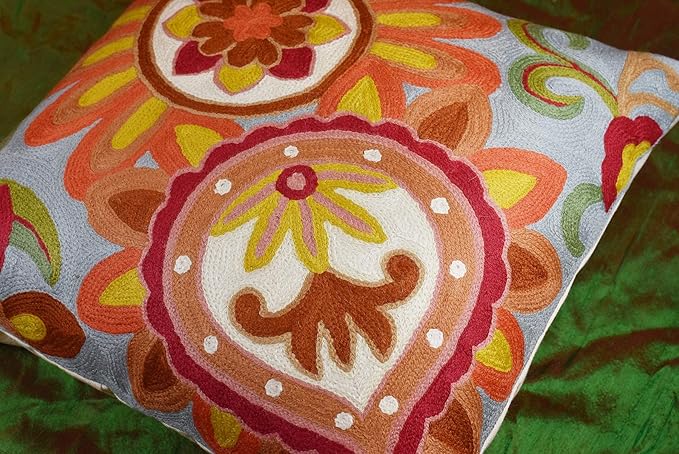 Soft Turquoise Hand Embroidered Floral Pillow Cover Flower Pillows Loral Outdoor Pillowcase Suzani Cushions Flower Chair Cushion Hand Embroidered Wool Size 18x18-Ruum Studio Home