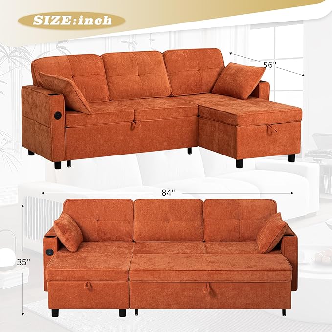 84 Inches Chenille Sectional Sofa w/Pull-Out Sofa Bed & Adjustable Back, Tufted L-Shaped Couch w/Storage Chaise, Sleeper Sectional Sofa w/USB Port & Cup Holders for Living Room, Orange-Ruum Studio Home