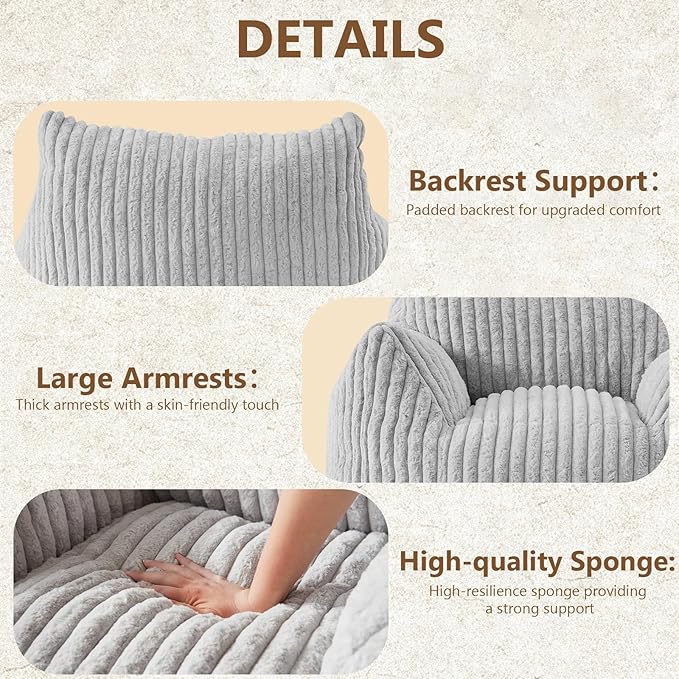 Giant Bean Bag Chairs for Adults Teens, Large Bean Bag Sofa Chairs with Filling Comfy Fuzzy BeanBag Chair with Armrests for Bedroom Living Room Reading (Light Gray, Large)-Ruum Studio Home