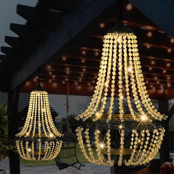Hanging Solar Chandelier Outdoor, 30 Warm White Lights Acrylic Clear Beaded Chandelier with S Hooks Modern Lantern for Garden Yard Patio Gazebo Decorations, 28”H-Ruum Studio Home