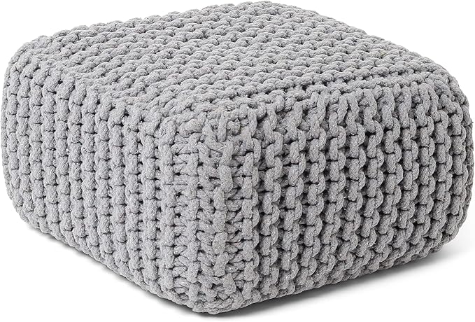 REDEARTH · Cube Low Pouf Foot Stool Ottoman - Hand Knitted Poof - Cord Boho Pouffe - Home Décor - Stuffed Footrest for Living Room - Nursery - Bedroom - Patio (16" x 16" x 8") - Light Gray-Ruum Studio Home