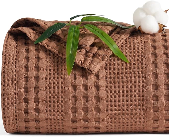 PHF Cooling Waffle Blanket Twin Size, Lightweight 60% Rayon Derived from Bamboo & 40% Cotton Breathable Blanket for Hot Sleepers, Soft and Luxury for Bed Couch and Sofa, 66"x90", Burnt Umber-Ruum Studio Home