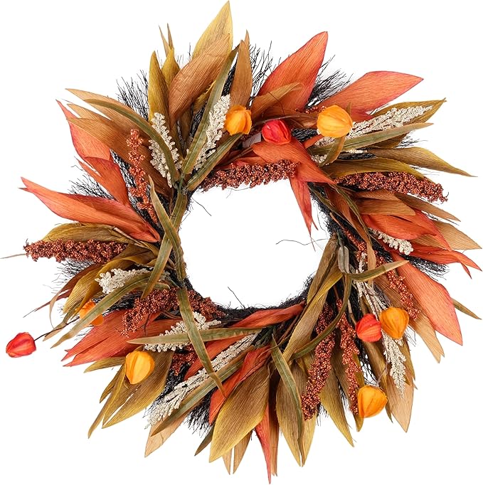 Fall Corn Husk & Berry Door Wreath for Front Door 24 Inch, Festive & Rustic Farmhouse Autumn Harvest Wreath, Fall Decor for Home Door Wall Porch Window, Orange/Yellow/Brown-Ruum Studio Home