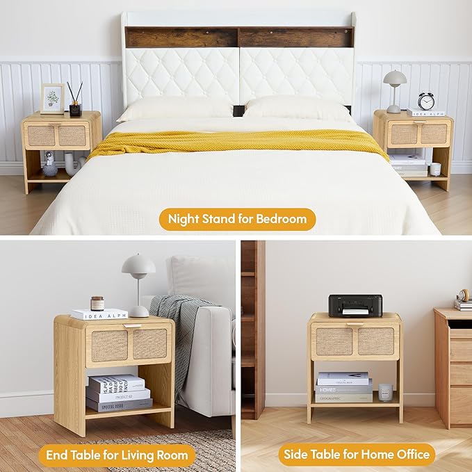 LEVNARY Nightstand Set of 2, Mid-Century Modern Bedside Table with Charging Station and Fabric-Like Textured Drawer, Wooden End Table for Farmhouse Bedroom Living Room (2, Natural)