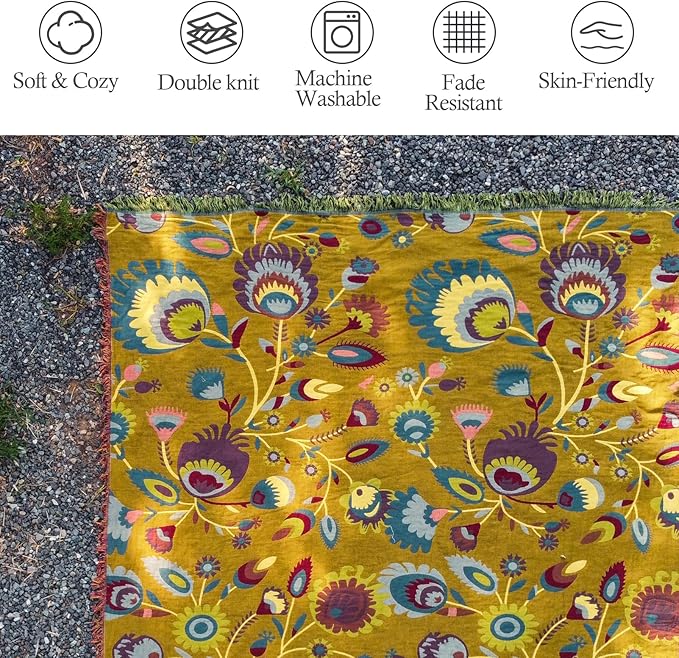 Snycler Boho Throw Blanket for Bed, 100% Organic Cotton Muslin Soft Throw-Yellow Boho Floral Farmhouse Rustic Spring Summer Fall Decor Blanket for Couch Sofa Quilt and Gift, 80" x 90"-Ruum Studio Home