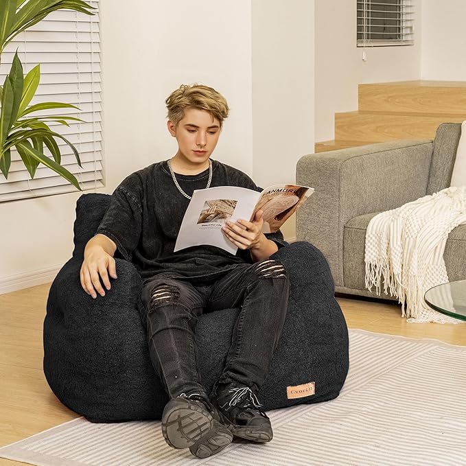 Bean Bag Chair with Filler, Bean Bag Sofa with Tufted Soft Stuffed Filling, Fluffy and Lazy Sofa, Comfy Cozy BeanBag Chairs with Memory Foam for Dorm, Apartment, Living Room (Black)-Ruum Studio Home