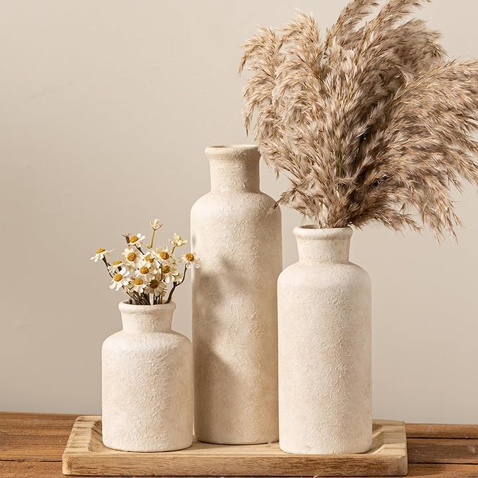 Ceramic Vases Set of 3, Whitewashed Neutral Flower Vases Home Decor, Pottery Rustic Farmhouse Decorative Vases Modern Decor for Table Mantel Entryway Bookshelf Living Room Kitchen Bedroom-Ruum Studio Home