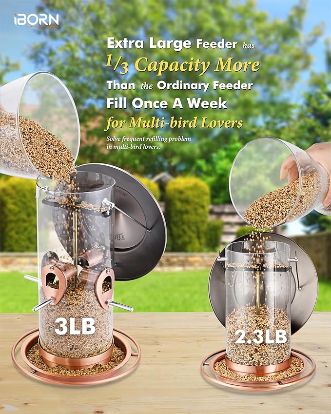 iBorn Metal Bird Feeder for Outside Hanging,Wild Bird Feeders for Cardinal,18cm Large Roof&Tray Brushed Copper 10 Port(Seed is not Included)-Ruum Studio Home