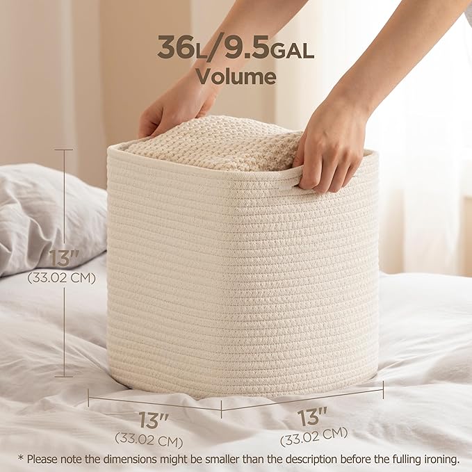 joybest Cube Storage Bins Set of 4, 13inch Cube Baskets Organizer for Nursery, Square Cotton Rope Baskets for Shelves Organizing, Kids Toy, Closet Storage, Beige-Ruum Studio Home
