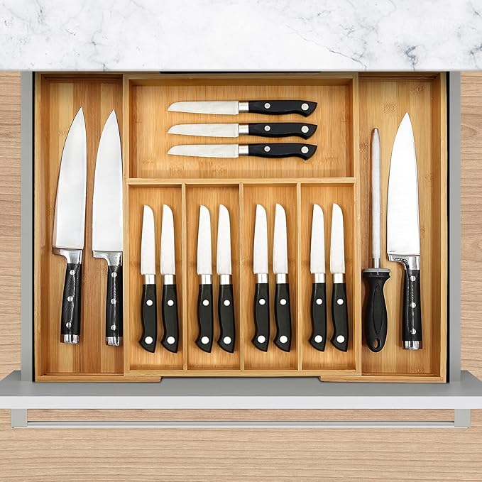 VaeFae Premium Bamboo Drawer Organizer, Expandable Silverware Drawer Organizer, Cutlery Tray with Dividers for Kitchen Utensils (Natural, Large)-Ruum Studio Home
