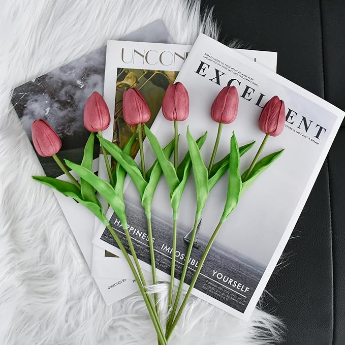 Mandy's Artificial Tulips 20 Stems Mauve PU Faux Flowers for Wedding Home Decor 13.5 Inch-Ruum Studio Home