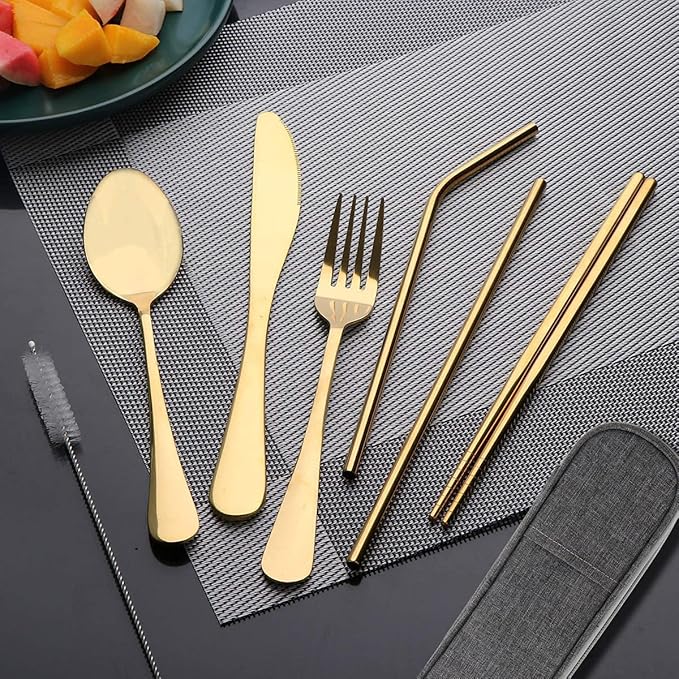 Travel Utensils Set with Case Reusable Portable Cutlery Set Stainless Steel 8pcs Including Dinner Knife Fork Spoon Chopsticks straws(Gold)-Ruum Studio Home