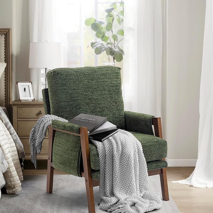 Modern Accent Chair for Living Room Mid Century Arm Chair Upholstered Bedroom Chair Comfy Lounge Chair with Solid Wood Frame, Green-Ruum Studio Home