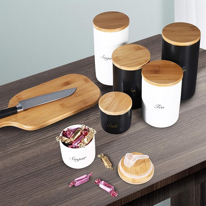 Yangbaga Black Canisters Sets for Kitchen-Set of 3 Coffee Canisters for Countertop with Airtight Wood Lids/Spoons/Stickers, Ceramic Food Storage Containers for Large Suger,Coffee,Tea (42/30/9OZ)-Ruum Studio Home