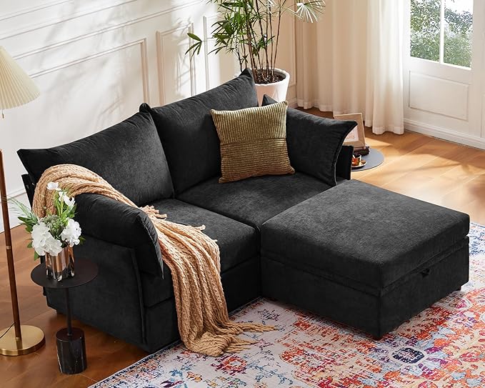 Luxury Modular Sectional Sofa, L-Shaped 3-Seat Couch with Storage Ottoman Deep Seat & Reversible Chaise Lounge Chenille Black for Compact Spaces, Apartments, Dorm-Ruum Studio Home