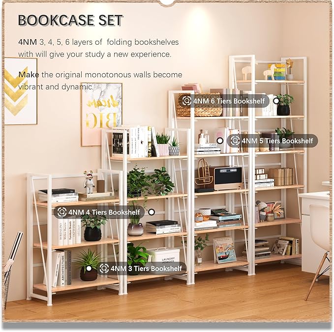 4NM No Assembly Foldable Bookshelf, 6-Shelf Collapsible Bookcase Storage for Small Spaces, 74" H, Natural White-Ruum Studio Home