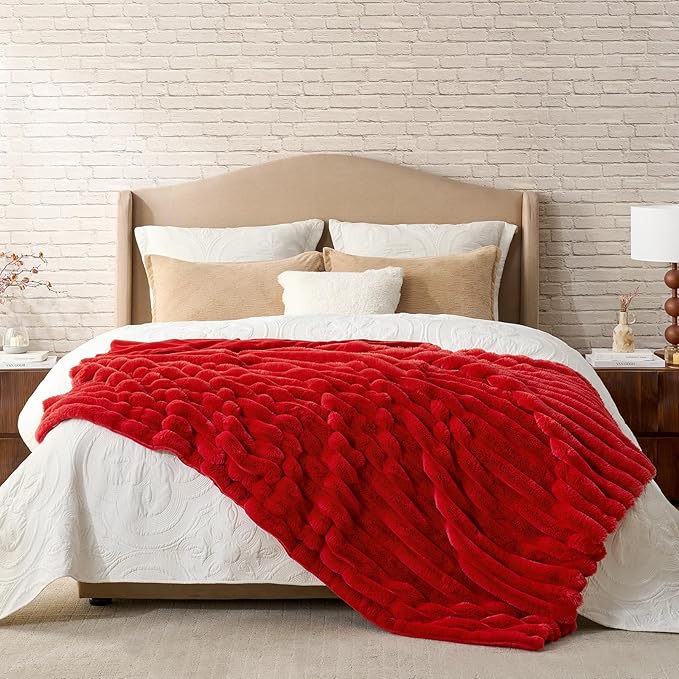 Cozy Bliss Faux Fur Throw Blanket for Couch, Cozy Warm Plush Striped Blanket for Sofa Bedroom Living Room,60 * 80 Inches Cardinal Red-Ruum Studio Home