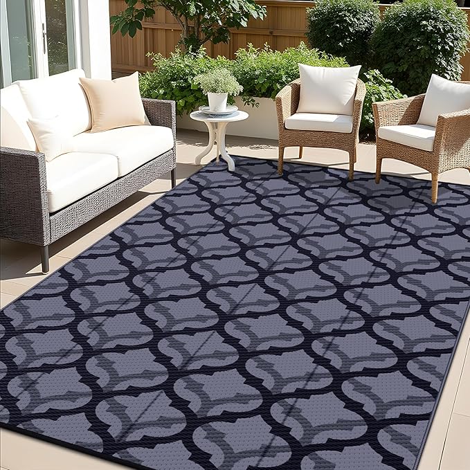 OLANLY Reversible Outdoor Rug 9x12 ft Clearance, Waterproof Outdoor Plastic Straw Rug with Interlacing Pattern, RV Mat for Patio, Camping, Balcony, Deck, Backyard, Black & Grey-Ruum Studio Home
