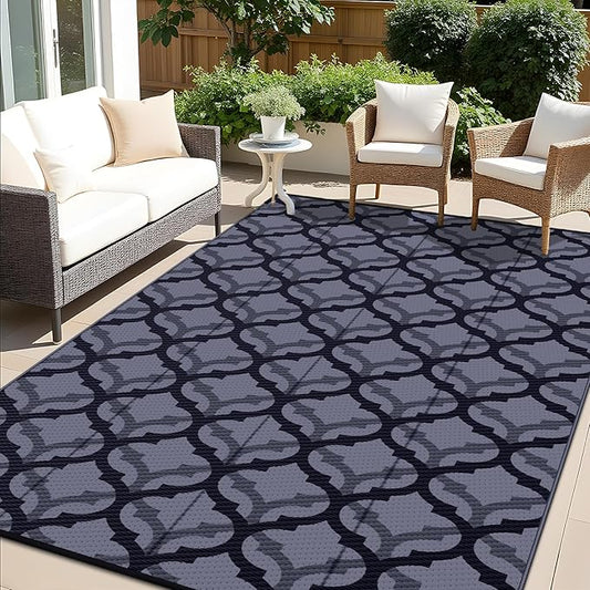 OLANLY Reversible Outdoor Rug 6x9 ft Clearance, Waterproof Outdoor Plastic Straw Rug with Interlacing Pattern, RV Mat for Patio, Camping, Balcony, Deck, Backyard, Black & Grey-Ruum Studio Home