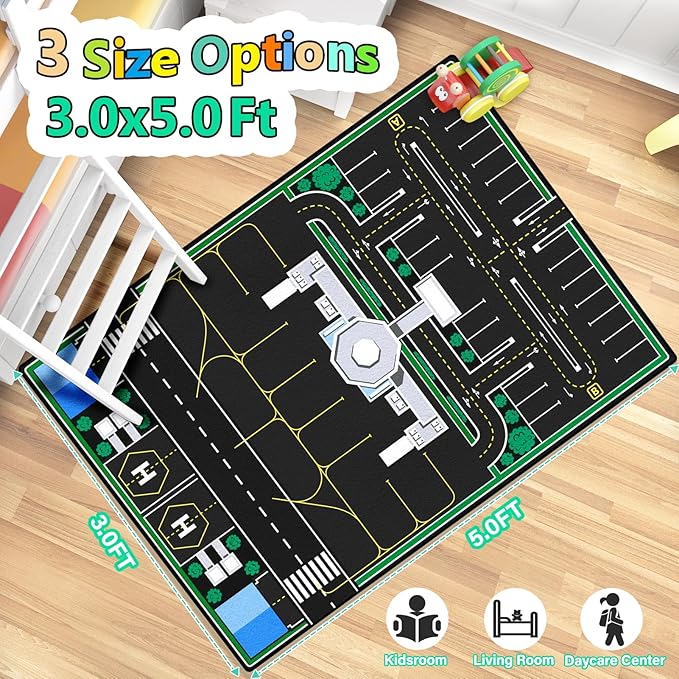 Kids Rug, Road Carpet for Kids with Combined City Road Traffic System, Car Rug and Airport Play Mat, 3x5 Ft Children’s Play Rugs for Playroom, Children’s City Traffic Map Fun Car Mat,Non-Slip-Ruum Studio Home