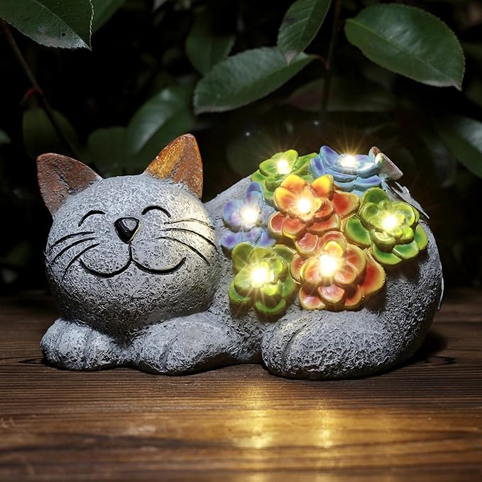 Otdair Solar Garden Decor Cat, Cat Lover Gifts with Succulent and 7 LED Lights for Outside,Outdoor Solar Lights for Yard, Garden and Patio, Unique Gift for Women-Ruum Studio Home