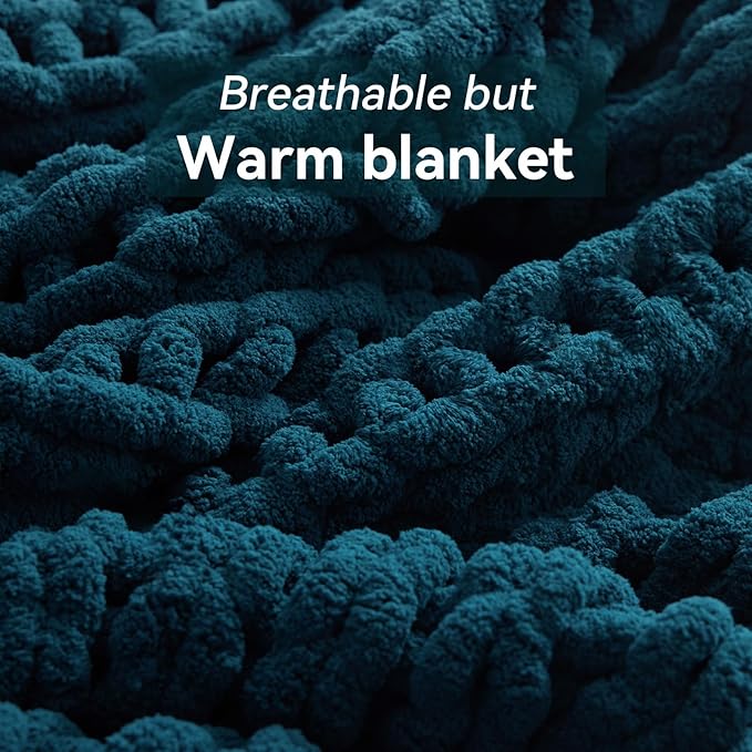 Chunky Knit Throw Blanket, 30''*40'' Knitted Throw Chenille Yarn for Bed Couch, Handmade Peacock Blue Crochet Big Thick Blanket, Machine Washable Cute Comfy Blanket for Home Decor-Ruum Studio Home