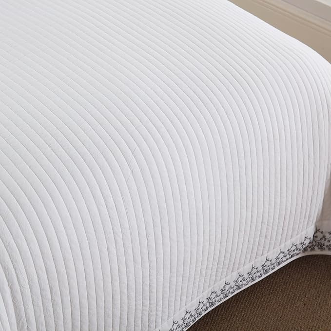 MarCielo 3-Piece 100% Cotton White Striped Quilt Set with Botanical Edge Embroidery TC(Sakura White,Queen (98" X 90"))-Ruum Studio Home