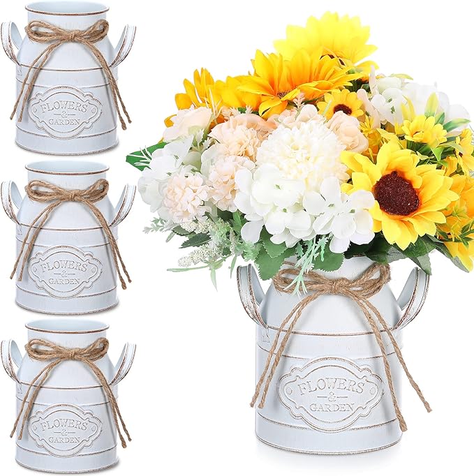6 Inch Farmhouse Vase Decor Milk Can Vintage Flower Jug Galvanized Metal Vase with Handle Rustic Flower Buckets for Thanksgiving Christmas Table Centerpiece Weddings Gifts(Retro White,4 Pcs)-Ruum Studio Home