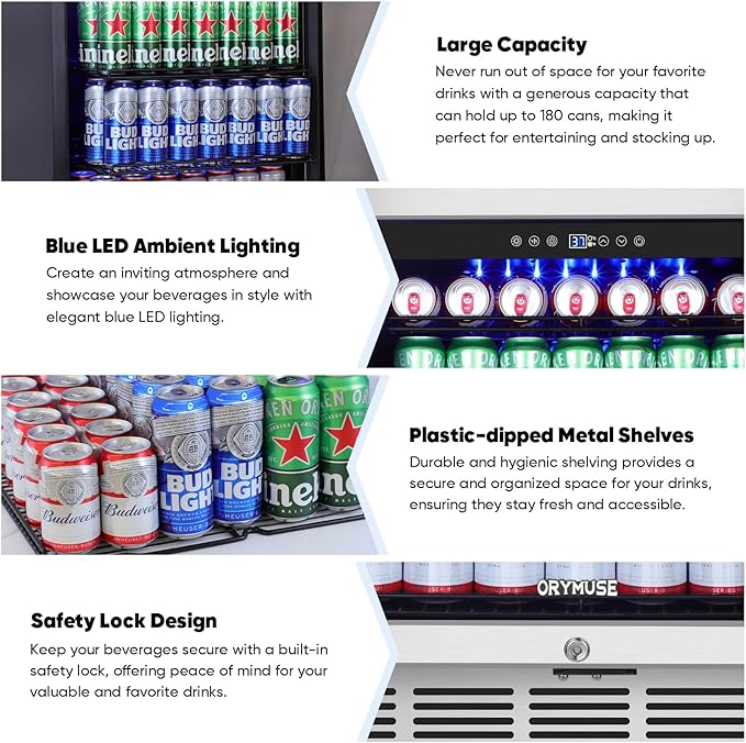 24" Beverage Refrigerator & Cooler, 180 Cans Under Counter Fridge with Lock, Glass Door & Powerful Cooling Compressor - Quiet, Built-in/Freestanding Drink Fridge-Ruum Studio Home
